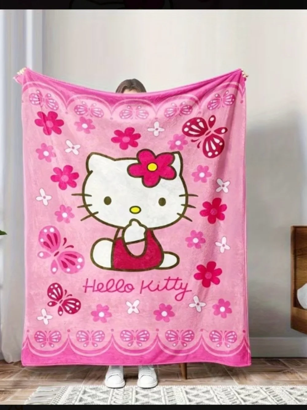 Hello Kitty Pink Floral & Butterfly Plush Throw Blanket